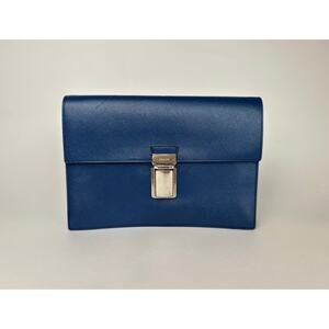 Prada Blue Saffiano Leather Front Flap Push Lock Wristlet Clutch